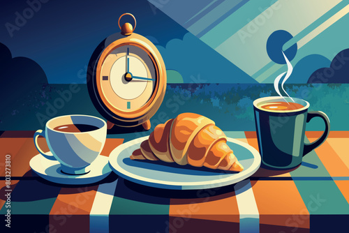 A tranquil breakfast setup with a hot beverage and pastry at dawn