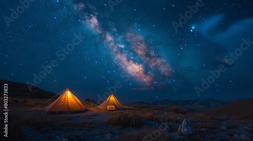 Two tents are set up in a field at night, with a beautiful starry sky above them