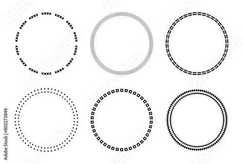 Decorative circle frame template design set of six round border vector with polka dot pattern. Circle frame detail vector design set. Simple ornament design for labels, covers, invitation cards.