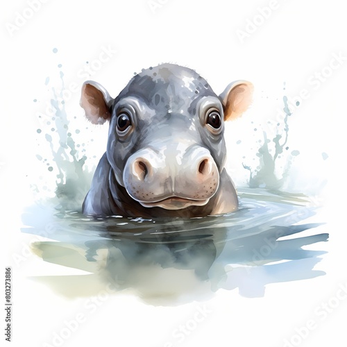 Baby hippo. Funny hippopotamus. Cute hippo clipart. Watercolor illustration. Generative AI. Detailed illustration. © Studicon