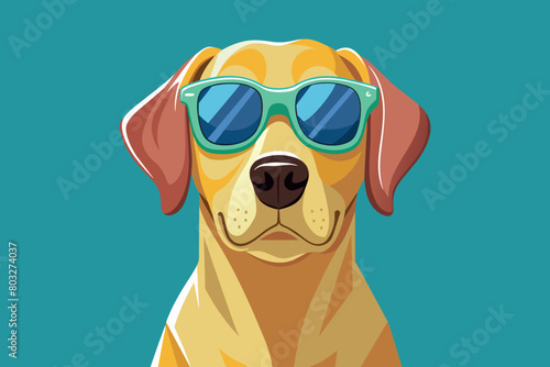 Golden dog with sunglasses against teal backdrop © GMZ