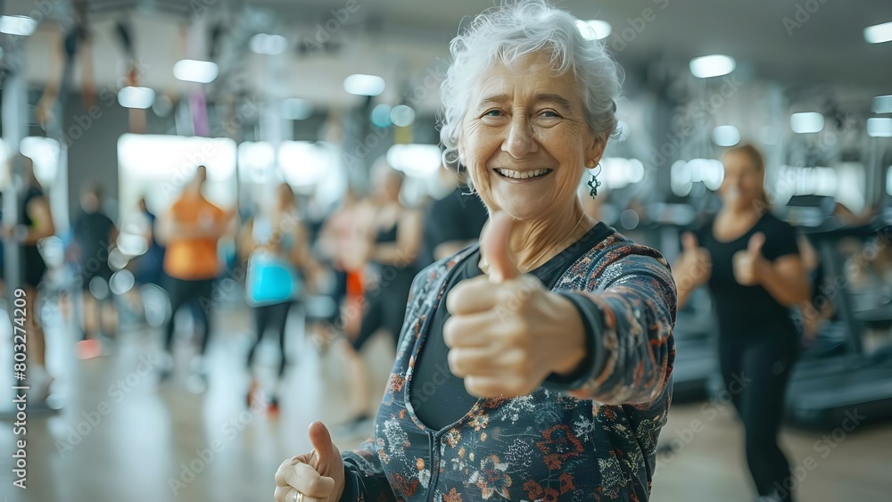 Elderly woman giving thumbs up in fitness studio with people exercising . Concept Fitness, Elderly, Thumbs up, Studio, Exercising