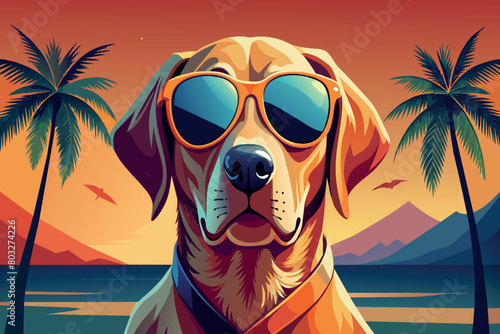 A dog in shades with palm trees and sunset in the background