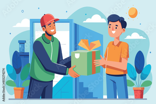 A delivery man giving a package to a customer at the doorstep
