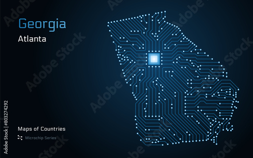 Georgia Map with a capital of Atlanta Shown in a Microchip Pattern. E-government. TSMC. American states vector maps. Microchip Series
