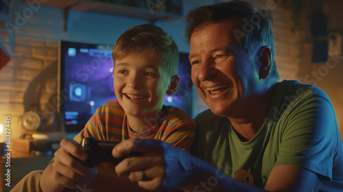 Warmly lit scene of a boy and man bonding over video games, reveling in the fun and competitive spirit of the play