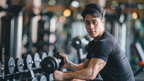 A young muscular Asian man in black sportswear resting in the gym after his workout.