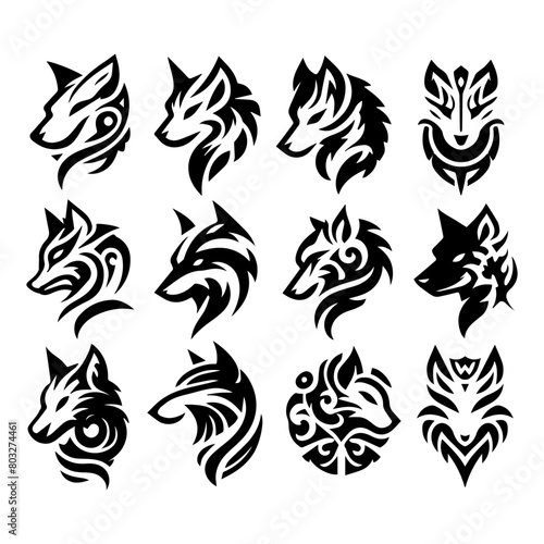 Set of wolf head tribal tattoo shapes. Tribal tattoo set