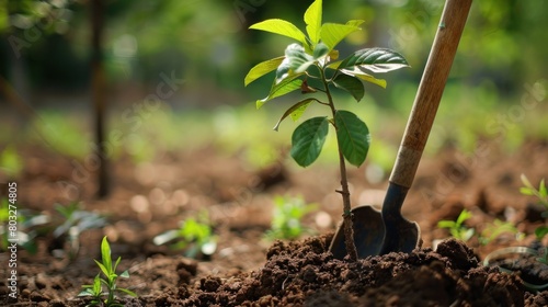 dig the ground with a shovel to do tree planting or afforestation AI generated