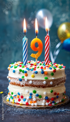 Number 9 candle on birthday cake with balloons and party decor  blurred background
