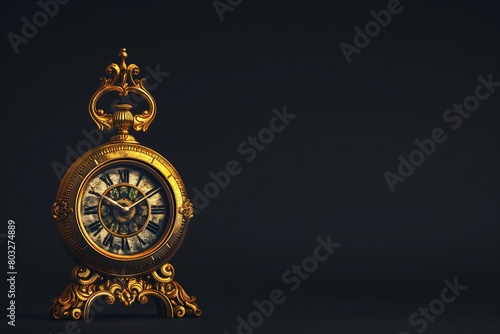 A small, ornate, golden clock, its hands frozen at midnight, standing alone against a solid dark background.