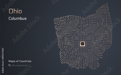Ohio Map with a capital of Columbus Shown in a Microchip Pattern. E-government. TSMC. American states vector maps. Microchip Series