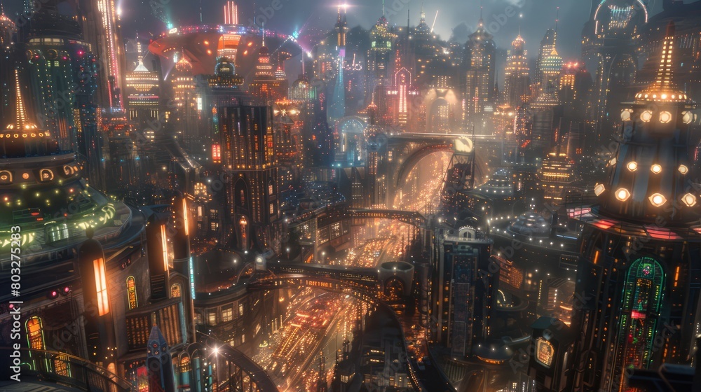 A cityscape with a lot of lights and buildings. Scene is bright and lively A cityscape with a lot of lights and buildings. Scene is bright and lively