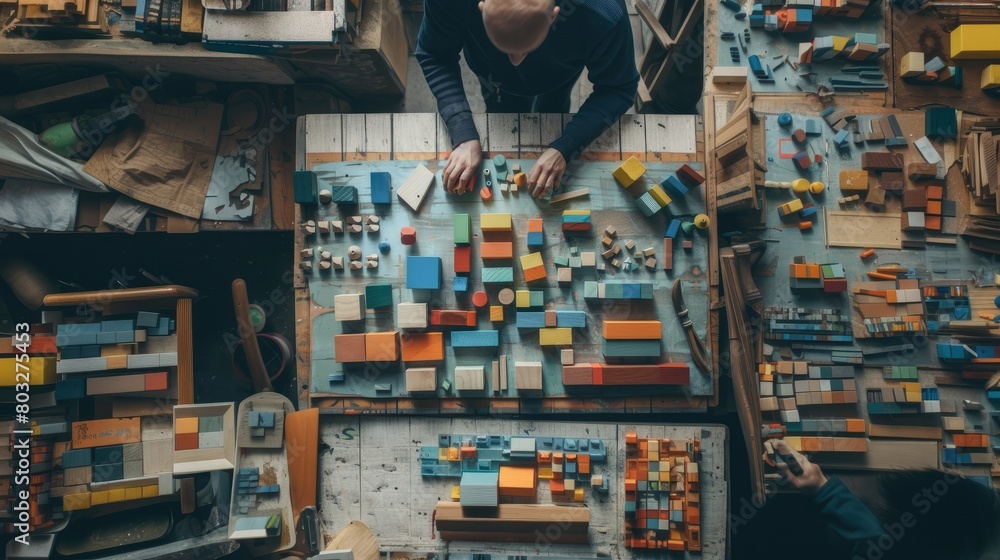 A Variety of Items Arranged on a Table - A Colorful Display of Objects from Above, Creating an Intriguing Composition for Observation and Exploration