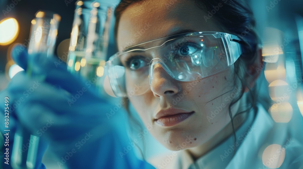 A scientist holding testing tubes of biochemical solutions, conducting precise measurements and analysis in a modern research facility. A scientist holding testing tubes of biochemical solutions, conducting precise measurements and analysis in a modern research facility.