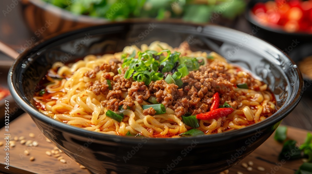 A bowl of noodles with meat and vegetables. The bowl is on a wooden table A bowl of noodles with meat and vegetables. The bowl is on a wooden table