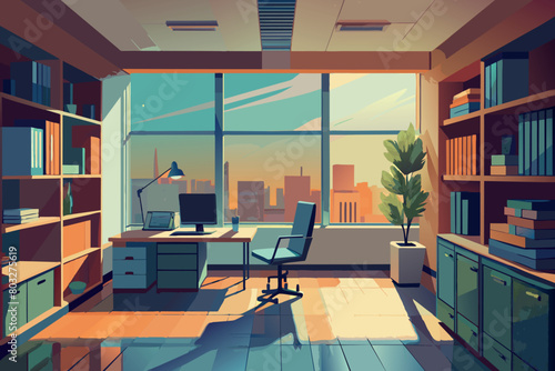 Sunlit home office with a desk, computer, and skyline view