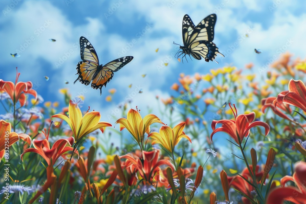 Beautiful image of two butterflies flying over a field of colorful ...