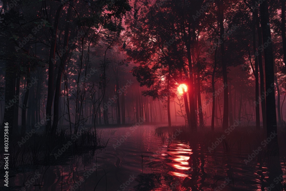 A captivating image of a red sunset shining through the trees in a dark forest. Ideal for nature and landscape themes
