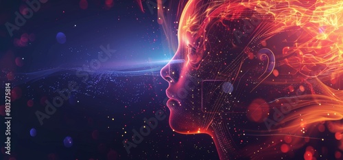A profile view of an AI humanlike figure with their head covered in glowing digital patterns, surrounded by swirling light beams and cosmic background elements Generative AI © SKIMP Art