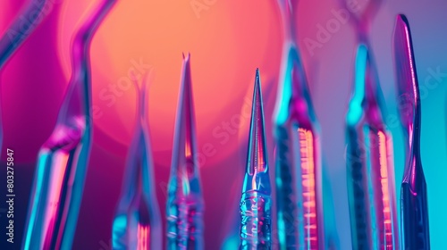 Vibrant abstract of dermatology tools under colorful lighting © Yusif