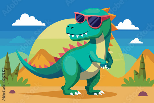 Cool dinosaur cartoon sporting shades with a desert backdrop