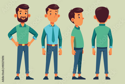 A cartoon of a man displayed from various angles