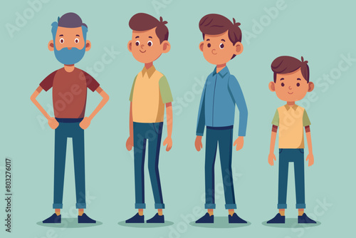 Four cartoon men with different hairstyles and clothing styles standing together