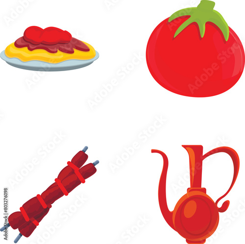 Turkish food icons set cartoon vector. Turkish traditional product. Oriental meal