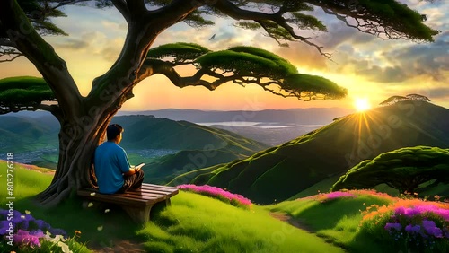Person under big tree atop hill at sunset. Seamless looping time-lapse 4k video animation background photo