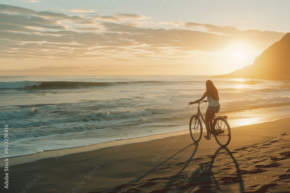 Fototapeta premium Summer sunset view of woman bike along the beach coast 