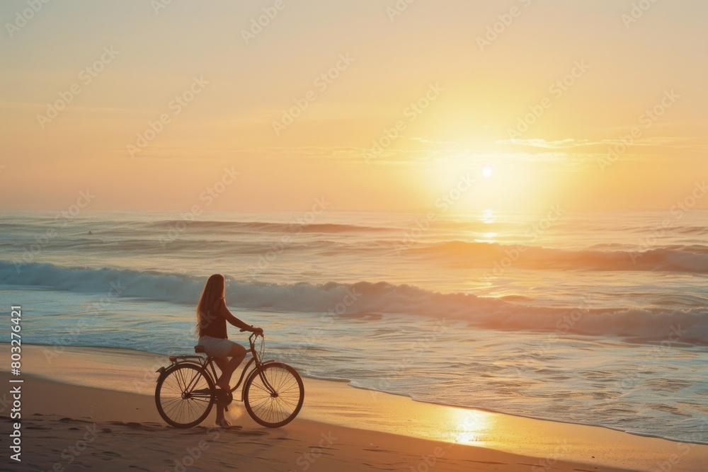 Fototapeta premium Summer sunset view of woman bike along the beach coast