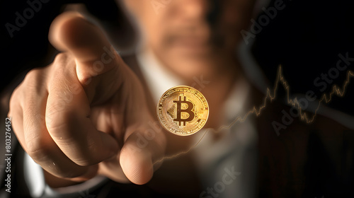 Cryptocurrency Investment Concept: Businessperson Holding Bitcoin with Digital Growth Chart