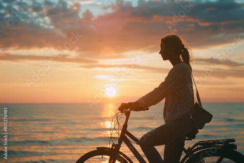 Summer sunset view of woman bike along the beach coast 