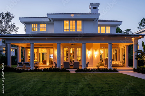 Twilight allure of an opulent dwelling inviting interior lighting chic patio and manicured lawn. photo