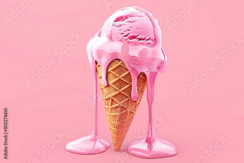 Delicious pink ice cream cone on a matching pink background, perfect for summer dessert concepts