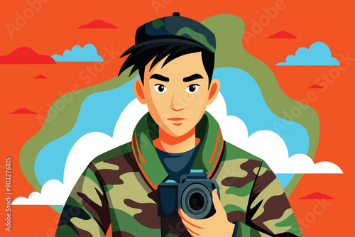 A keen wildlife photographer ready with his camera outdoors