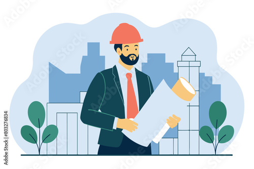 Bearded man in hard hat examines construction plans outdoors