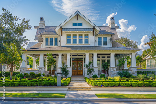 The front aspect of a sophisticated pearl white cottage craftsman style house, with a triple pitched roof, elegantly designed landscaping, a welcoming sidewalk, and outstanding curb appeal.