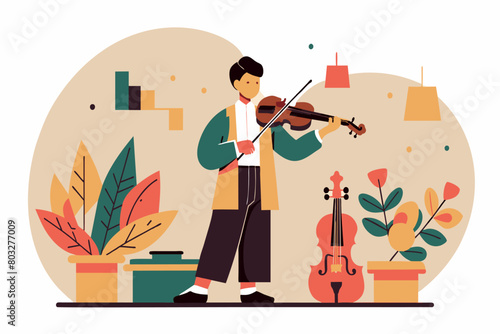 A violinist practices in a room adorned with a cello and houseplants