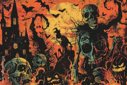 A spooky painting of a skeleton in a graveyard. Perfect for Halloween decorations