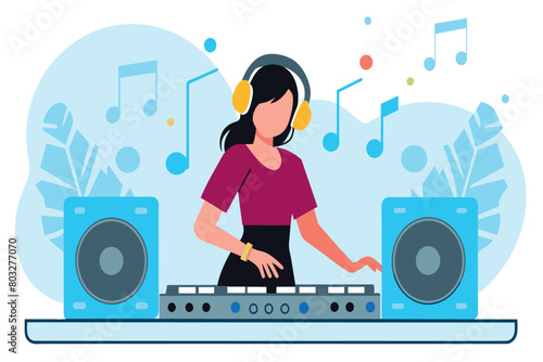 Woman DJ with headphones spinning on mixer at a party setup