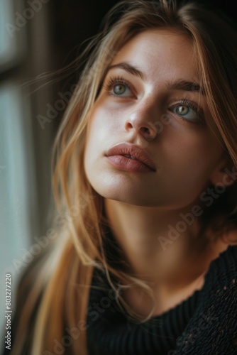 A beautiful young woman gazing out a window. Perfect for lifestyle or interior design concepts