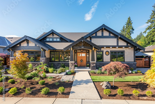 The front view of a soft buttercream craftsman cottage style house, showcasing a triple pitched roof, intricate landscaping,