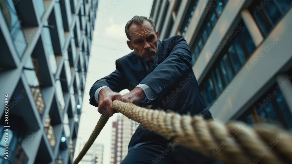 A man in a suit pulling a rope, suitable for business concepts