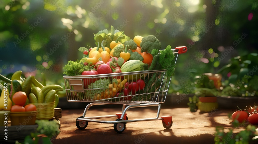 A grocery cart full of fresh organic vegetables and fruits in the garden A grocery cart full of fresh organic vegetables and fruits in the garden