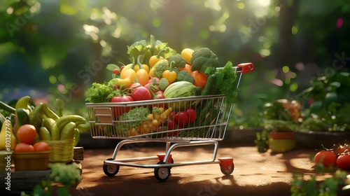 A grocery cart full of fresh organic vegetables and fruits in the garden