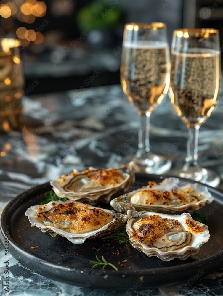 Shrimps and oysters on fire served with chilled ice champagne on black luxury plate Shrimps and oysters on fire served with chilled ice champagne on black luxury plate