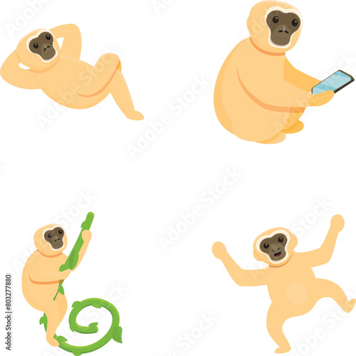 Cartoon gibbon icons set cartoon vector. Gibbon primate, mammal. Monkey, wildlife