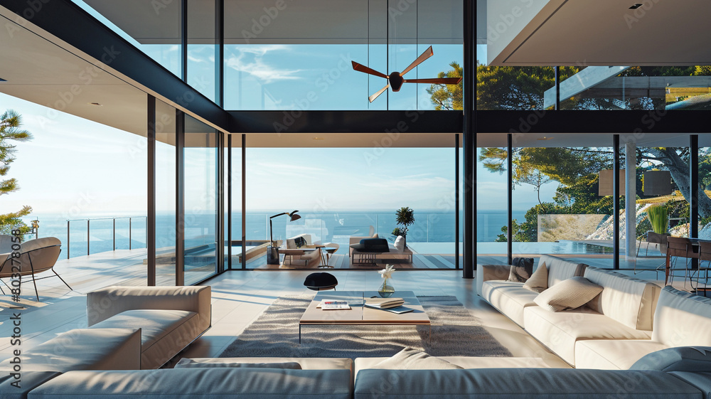 Ultra-modern holiday villa with an emphasis on transparency and light, featuring floor-to-ceiling windows and a minimalist interior.